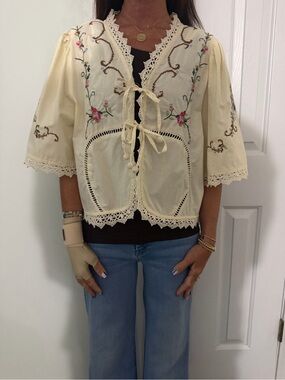 Embroidered Cream Tie-Front Cropped Blouse